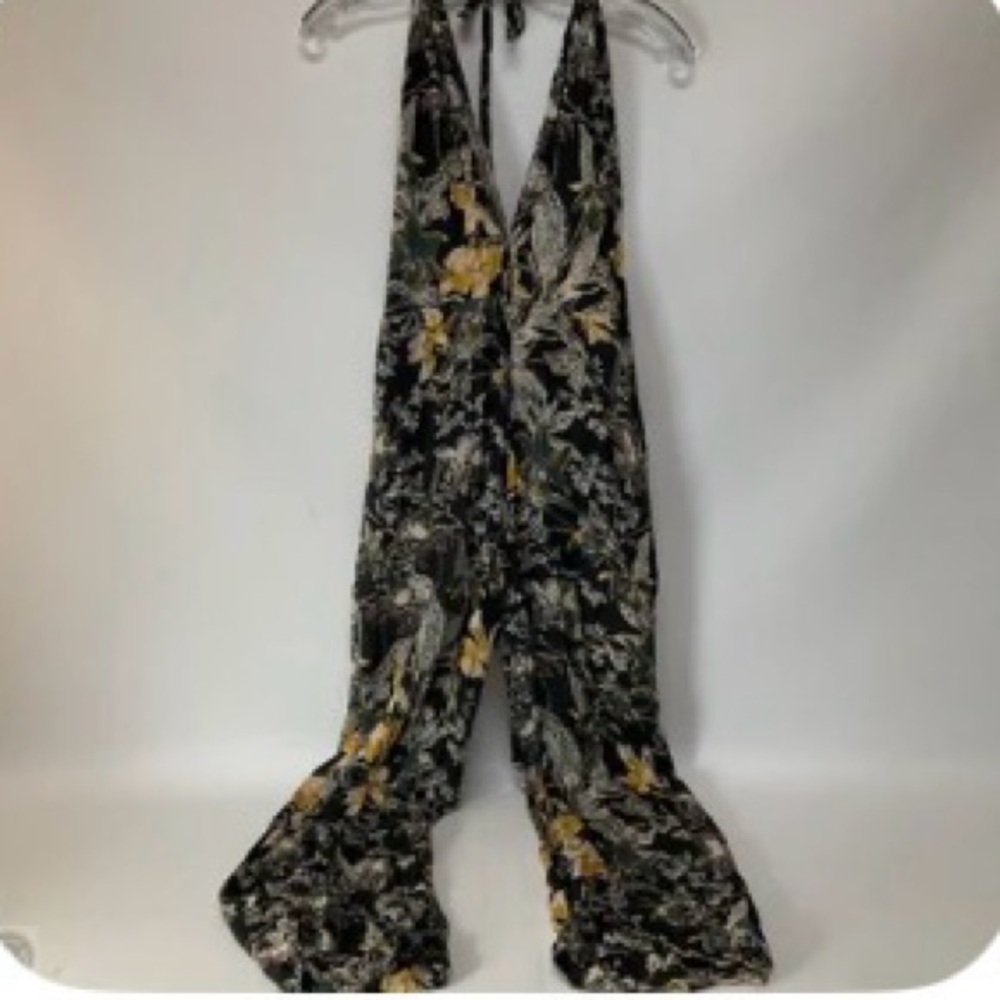 Free People Black Floral Halter Jumpsuit with Yellow Accents